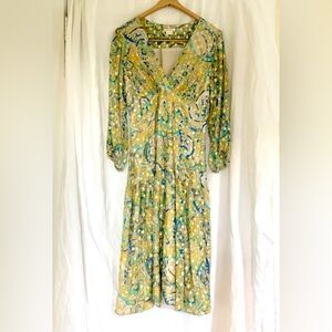 Shoshanna Silk + Metallic Acelind Midi Dress Size 10 Yellow + Blue